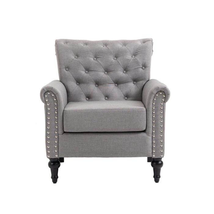 WIIS' IDEA™ Mid-Century Modern Linen Accent Armchair WithTufted Back And Wood Legs - Light Grey