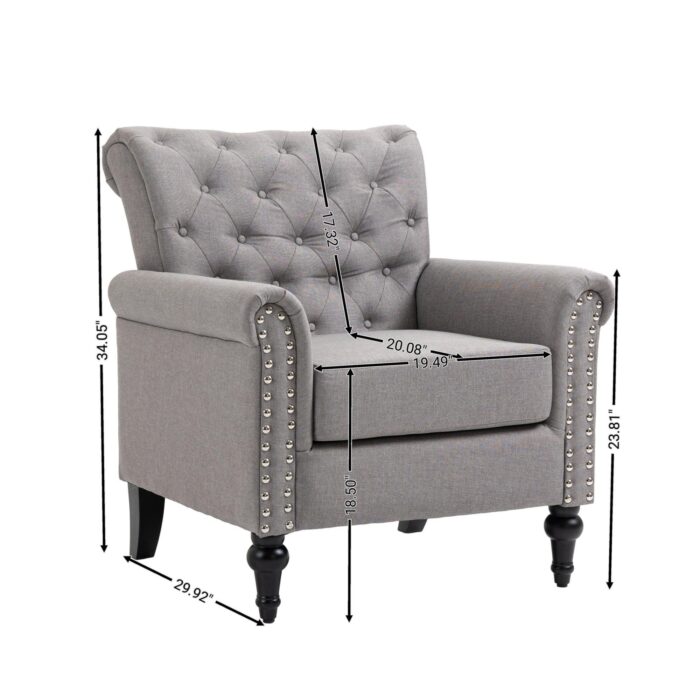 WIIS' IDEA™ Mid-Century Modern Linen Accent Armchair WithTufted Back And Wood Legs - Light Grey