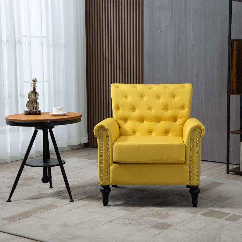 WIIS' IDEA™ Mid-Century Modern Linen Accent Armchair WithTufted Back And Wood Legs - Yellow