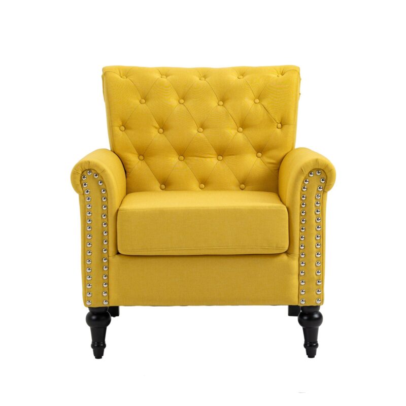 WIIS' IDEA™ Mid-Century Modern Linen Accent Armchair WithTufted Back And Wood Legs - Yellow