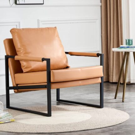 WIIS' IDEA™ Mid Century Modern PU Leather Armchair Sofa With Metal Frame - Brown