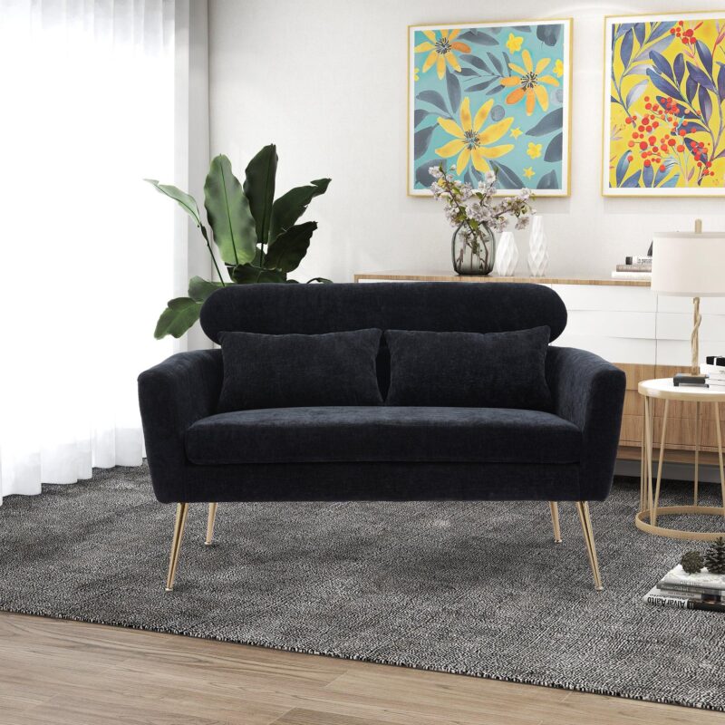 WIIS' IDEA™ Modern Chenille Loveseat Sofa With Gold Metal Legs - Black