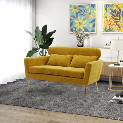 WIIS' IDEA™ Modern Chenille Loveseat Sofa With Gold Metal Legs - Mustard