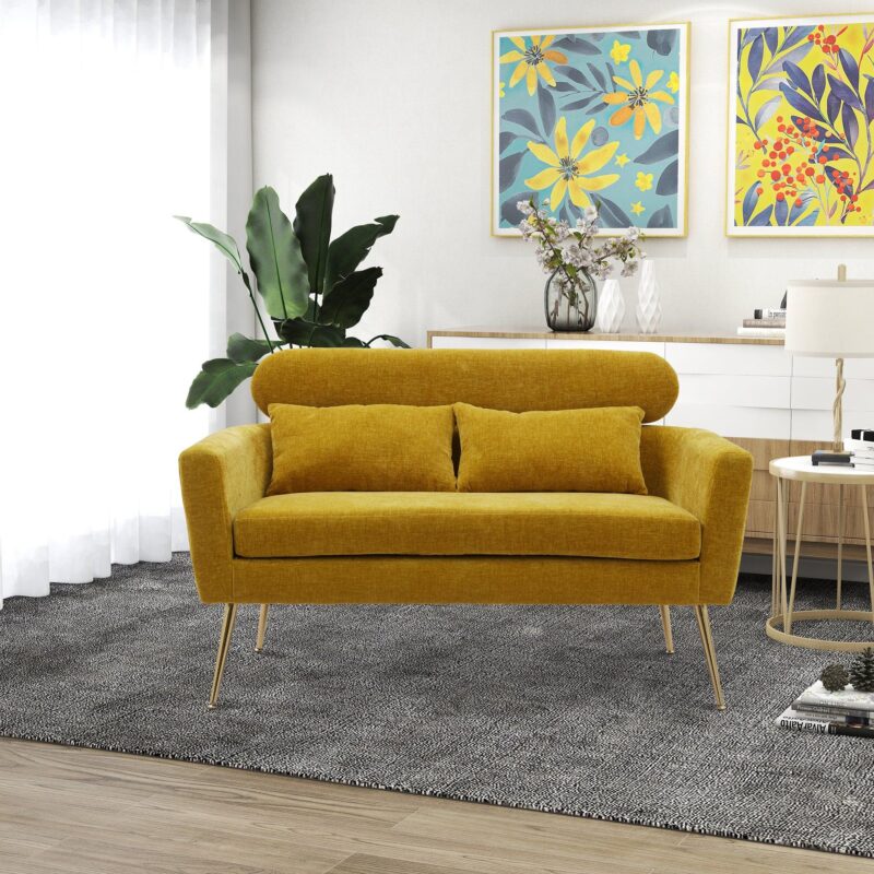 WIIS' IDEA™ Modern Chenille Loveseat Sofa With Gold Metal Legs - Mustard