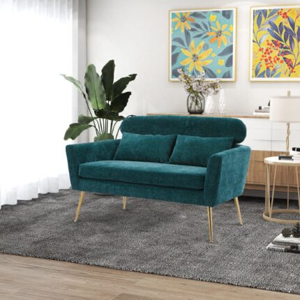 WIIS' IDEA™ Modern Chenille Loveseat Sofa With Gold Metal Legs - Peacock Blue