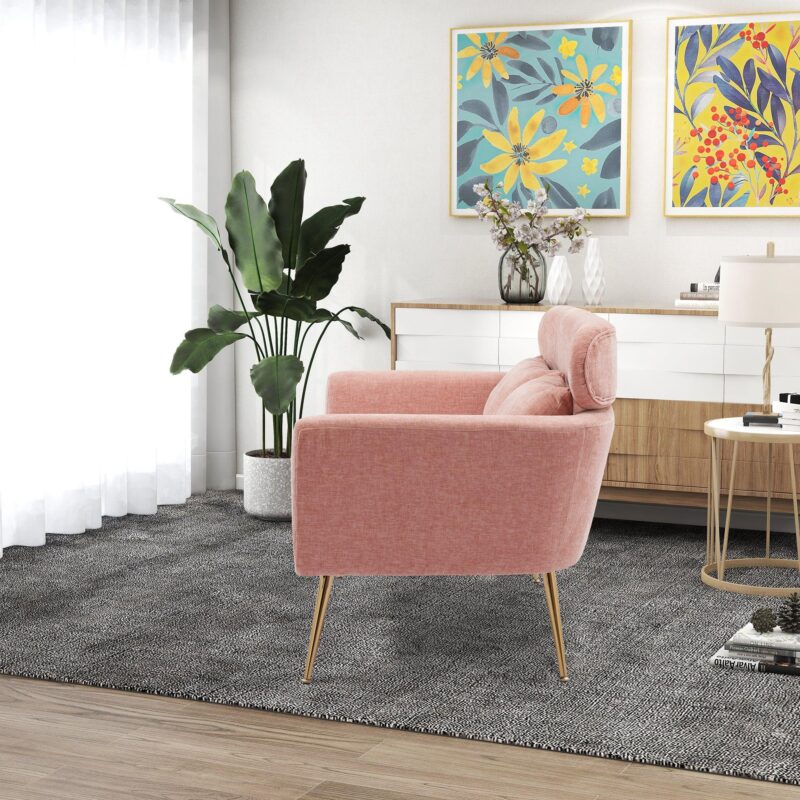 WIIS' IDEA™ Modern Chenille Loveseat Sofa With Gold Metal Legs - Pink