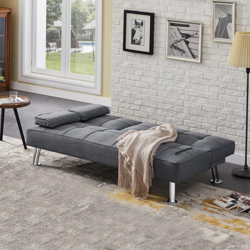 WIIS' IDEA™ Modern Convertible Folding Futon Loveseat Sofa Bed With Removable Armrests - Grey