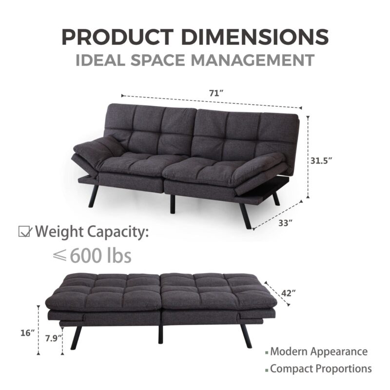 WIIS' IDEA™ Modern Convertible Memory Foam Futon Sofa Bed & Folding Sleeper Sofa - Dark Grey