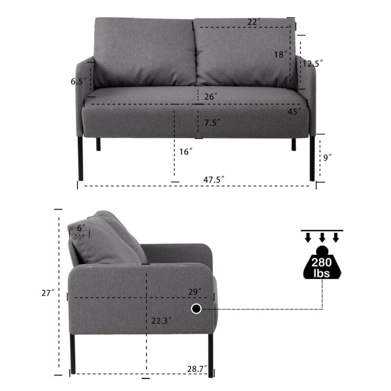 WIIS' IDEA™ Modern Design Fabric Loveseat Sofa Couch With Metal Legs - Grey