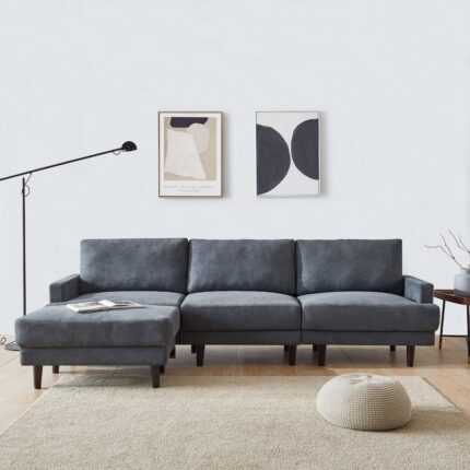 Modern L-shaped Fabric Sofa 3 Seater With Ottoman-Dark gray