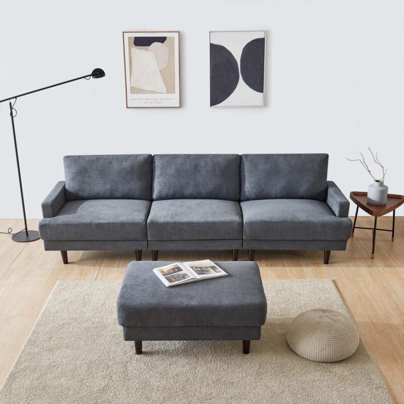 Modern L-shaped Fabric Sofa 3 Seater With Ottoman-Dark gray