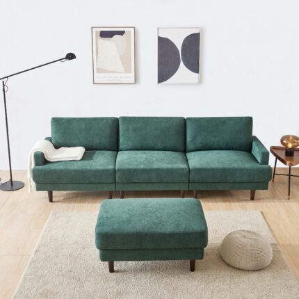 Modern L-shaped Fabric Sofa 3 Seater With Ottoman - Emerald