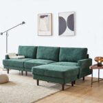 Modern L-shaped Fabric Sofa 3 Seater With Ottoman - Emerald