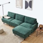 Modern L-shaped Fabric Sofa 3 Seater With Ottoman - Emerald