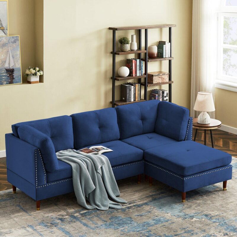 WIIS' IDEA™ Modern Velvet L-Shaped Sectional Sofa Couch With Ottoman - Blue