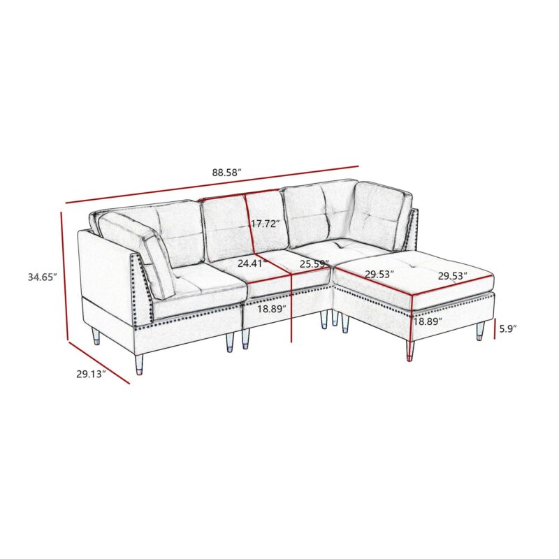 WIIS' IDEA™ Modern Velvet L-Shaped Sectional Sofa Couch With Ottoman - Blue