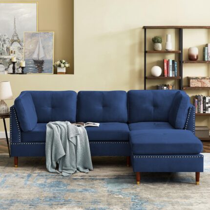 WIIS' IDEA™ Modern Velvet L-Shaped Sectional Sofa Couch With Ottoman - Blue