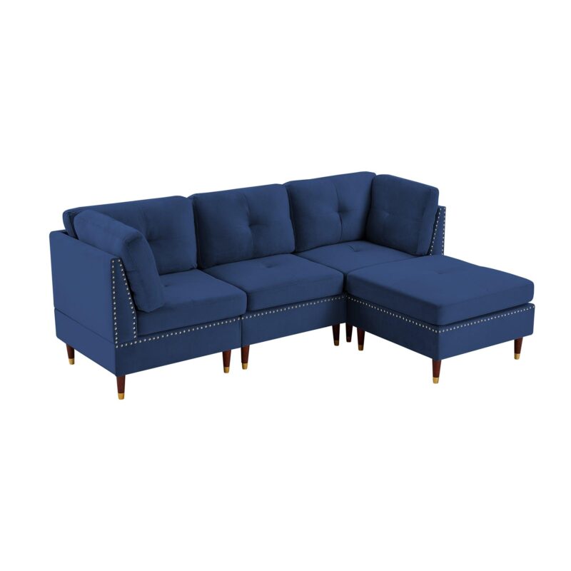 WIIS' IDEA™ Modern Velvet L-Shaped Sectional Sofa Couch With Ottoman - Blue