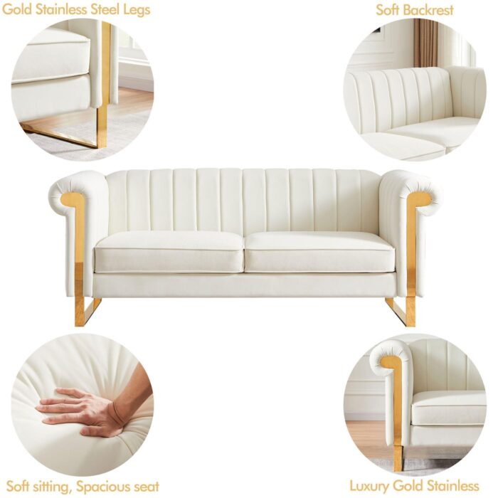 WIIS' IDEA™ Modern Velvet Loveseat Sofa With Gold Stainless Steel Arm and Legs - Beige