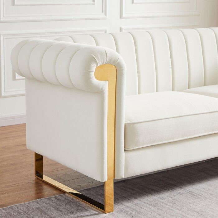 WIIS' IDEA™ Modern Velvet Loveseat Sofa With Gold Stainless Steel Arm and Legs - Beige