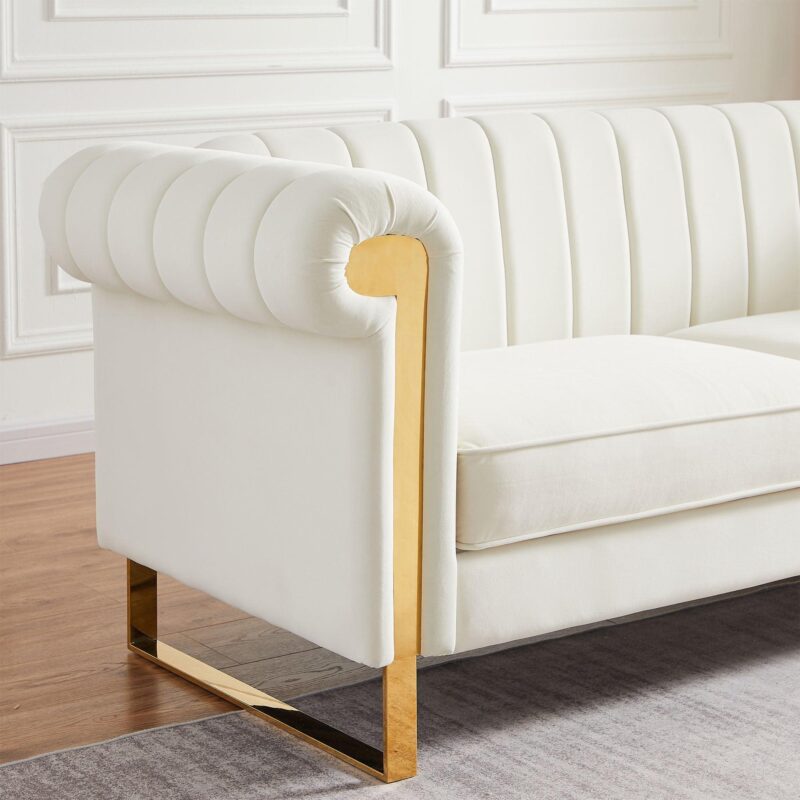 WIIS' IDEA™ Modern Velvet Loveseat Sofa With Gold Stainless Steel Arm and Legs - Beige