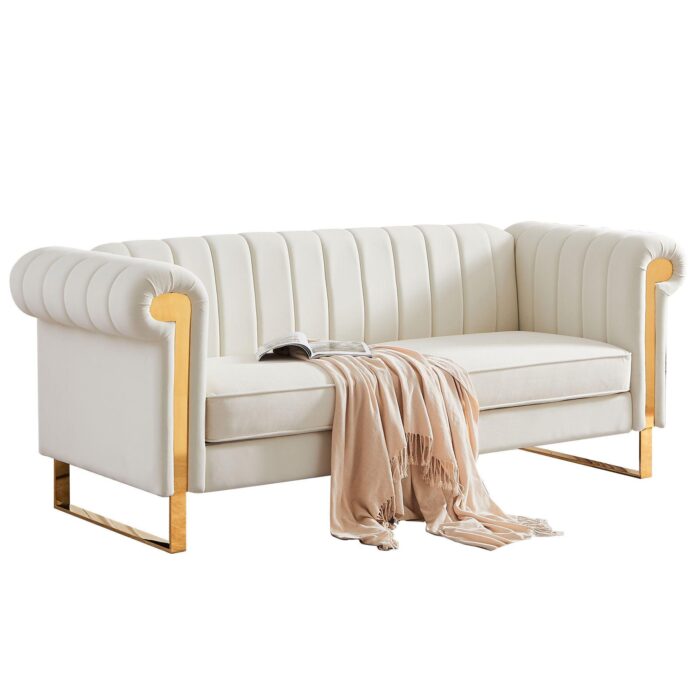 WIIS' IDEA™ Modern Velvet Loveseat Sofa With Gold Stainless Steel Arm and Legs - Beige