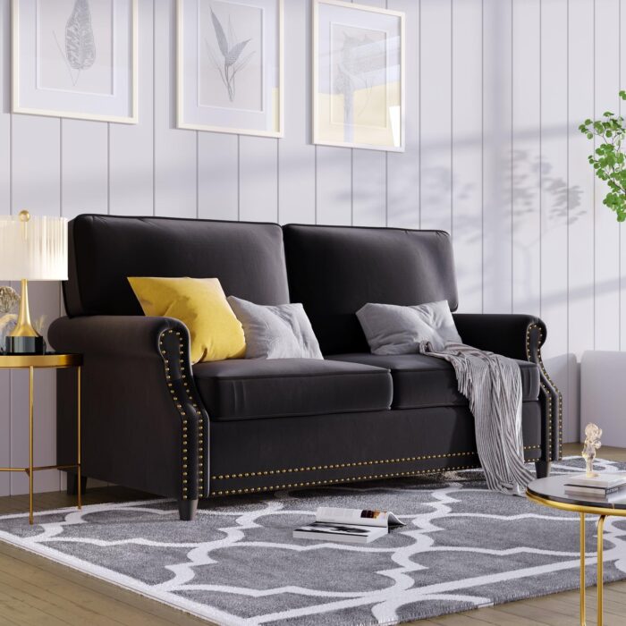 WIIS' IDEA™ Modern Velvet Rolled Arm Loveseat Sofa Upholstered With Deep Seat - Black