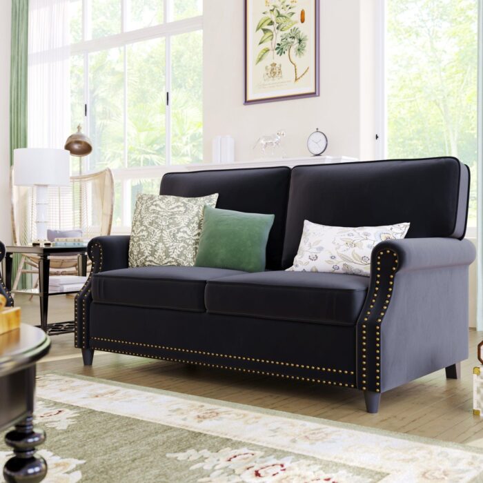 WIIS' IDEA™ Modern Velvet Rolled Arm Loveseat Sofa Upholstered With Deep Seat - Black