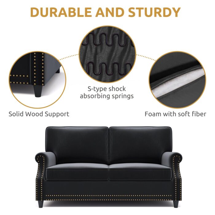 WIIS' IDEA™ Modern Velvet Rolled Arm Loveseat Sofa Upholstered With Deep Seat - Black