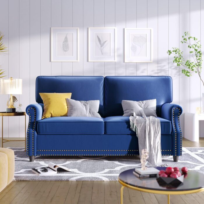 WIIS' IDEA™ Modern Velvet Rolled Arm Loveseat Sofa Upholstered With Deep Seat - Blue