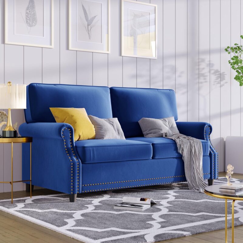 WIIS' IDEA™ Modern Velvet Rolled Arm Loveseat Sofa Upholstered With Deep Seat - Blue