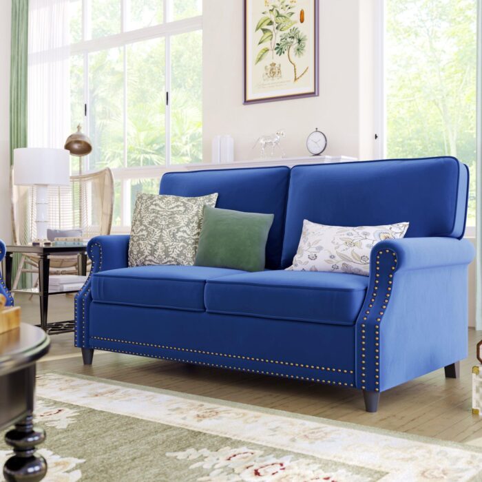 WIIS' IDEA™ Modern Velvet Rolled Arm Loveseat Sofa Upholstered With Deep Seat - Blue