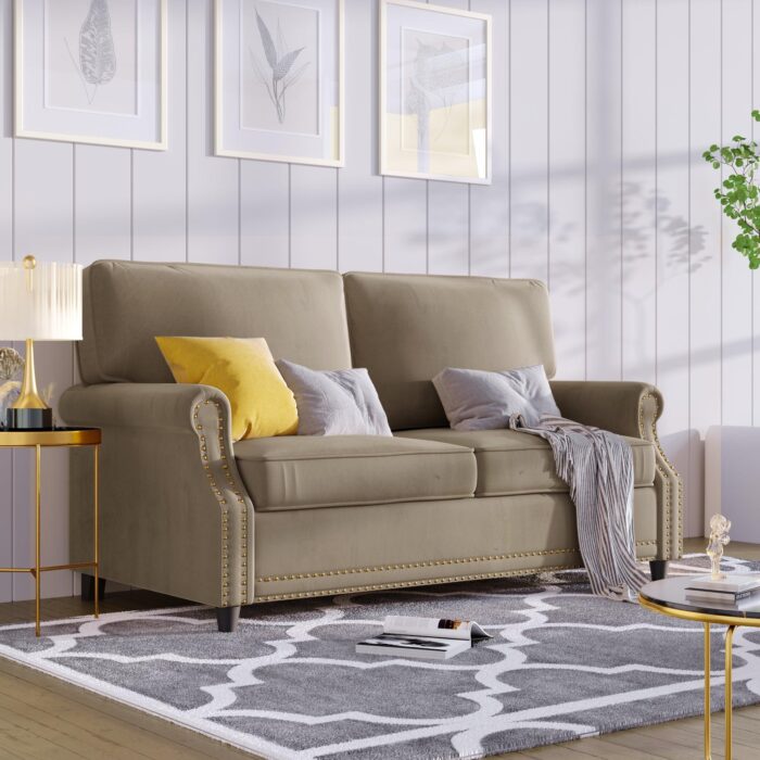 WIIS' IDEA™ Modern Velvet Rolled Arm Loveseat Sofa Upholstered With Deep Seat - Camel