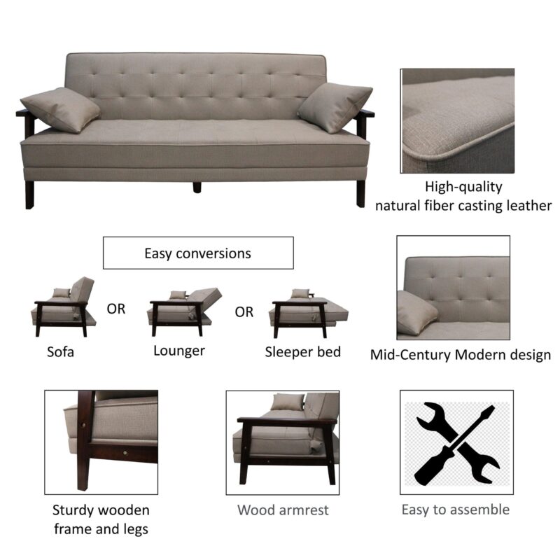 WIIS' IDEA™ Natural Fiber Leather Sofa Bed With Wood Armrest - Beige