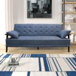 WIIS' IDEA™ Natural Fiber Leather Sofa Bed With Wood Armrest - Dark Blue