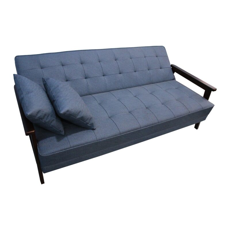 WIIS' IDEA™ Natural Fiber Leather Sofa Bed With Wood Armrest - Dark Blue