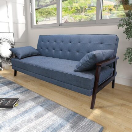 WIIS' IDEA™ Natural Fiber Leather Sofa Bed With Wood Armrest - Dark Blue