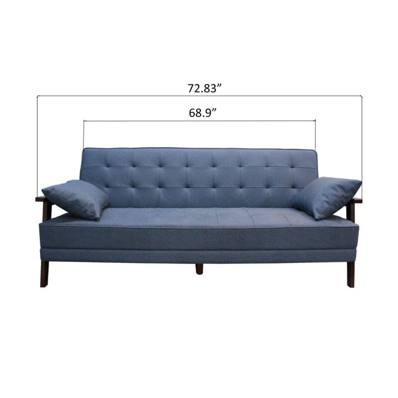 WIIS' IDEA™ Natural Fiber Leather Sofa Bed With Wood Armrest - Dark Blue