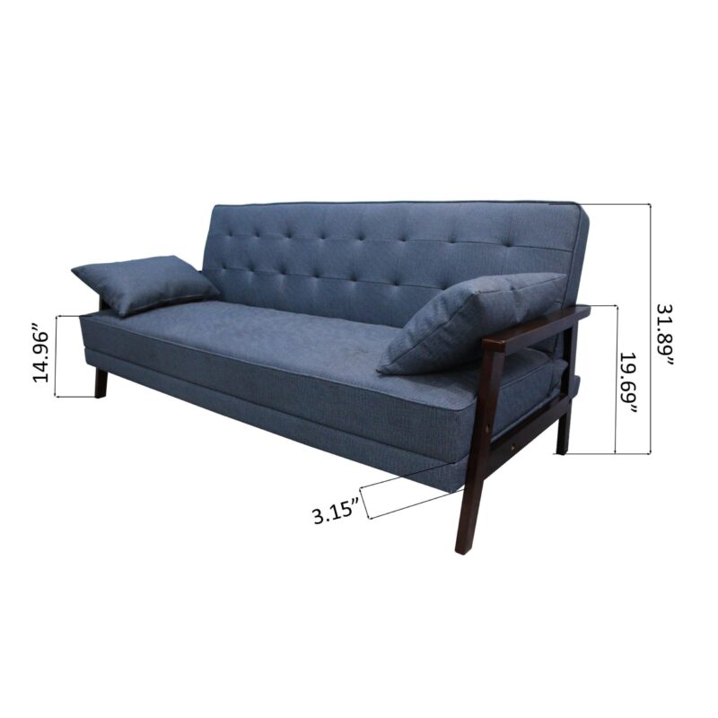 WIIS' IDEA™ Natural Fiber Leather Sofa Bed With Wood Armrest - Dark Blue