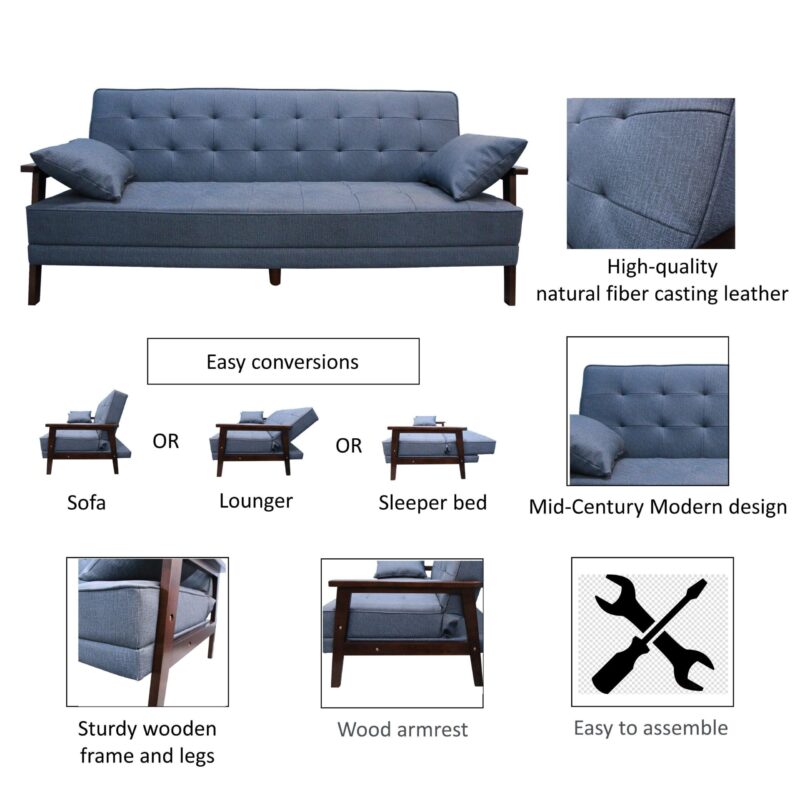 WIIS' IDEA™ Natural Fiber Leather Sofa Bed With Wood Armrest - Dark Blue