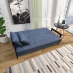 WIIS' IDEA™ Natural Fiber Leather Sofa Bed With Wood Armrest - Dark Blue