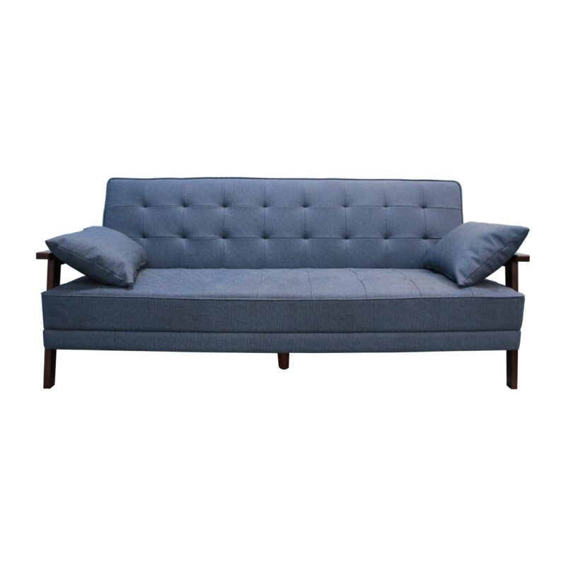 WIIS' IDEA™ Natural Fiber Leather Sofa Bed With Wood Armrest - Dark Blue