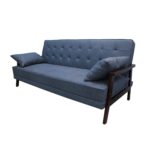 WIIS' IDEA™ Natural Fiber Leather Sofa Bed With Wood Armrest - Dark Blue