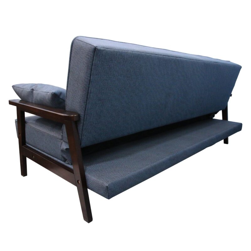 WIIS' IDEA™ Natural Fiber Leather Sofa Bed With Wood Armrest - Dark Blue