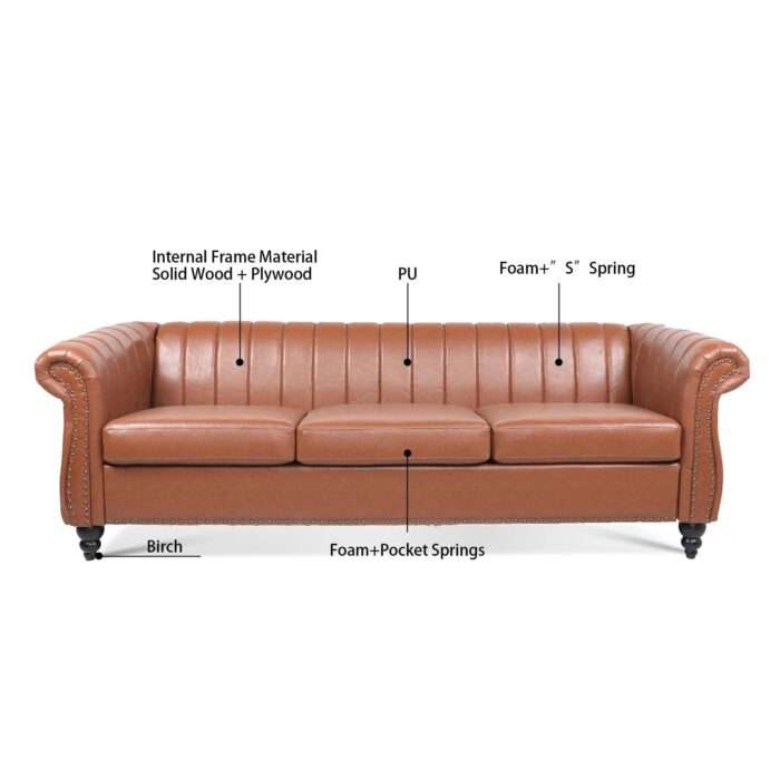 WIIS' IDEA™ PU Leather Chesterfield 3 Seaters Sofa With Rolled Arm - Brown