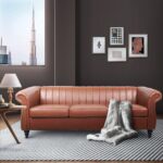 WIIS' IDEA™ PU Leather Chesterfield 3 Seaters Sofa With Rolled Arm - Brown