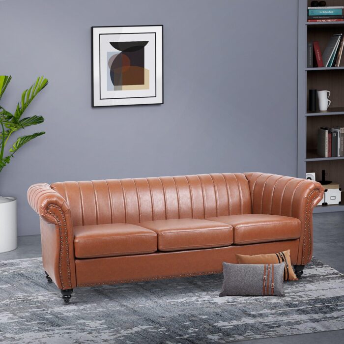 WIIS' IDEA™ PU Leather Chesterfield 3 Seaters Sofa With Rolled Arm - Brown