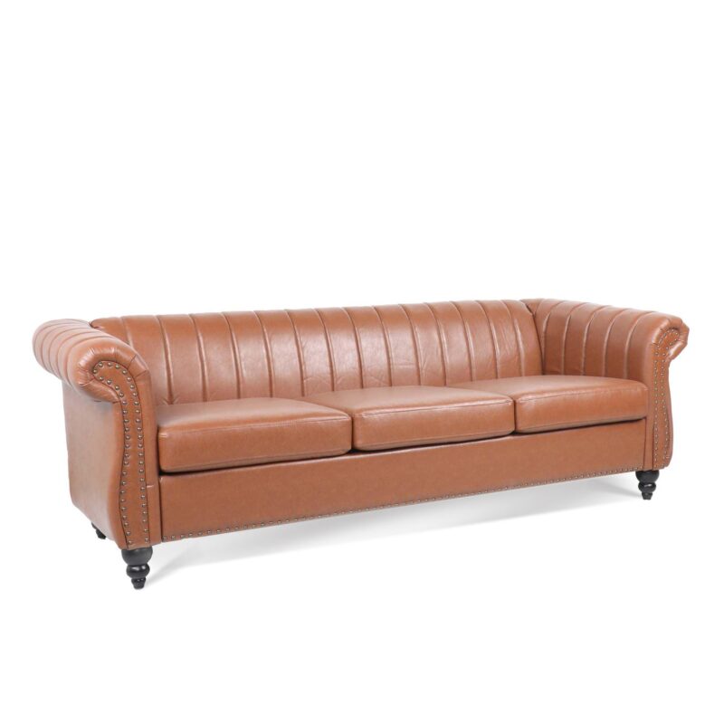 WIIS' IDEA™ PU Leather Chesterfield 3 Seaters Sofa With Rolled Arm - Brown