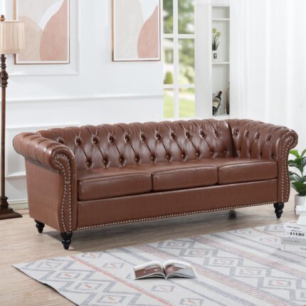 WIIS' IDEA™ PU Leather Rolled Arm 3 Seaters Chesterfield Sofa - Brown