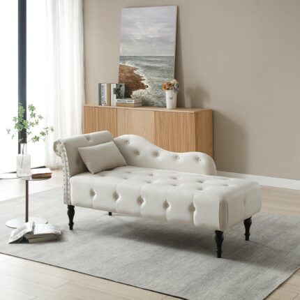 Velvet Chaise Lounge With Soft Upholstery,Tufted Buttons - Beige